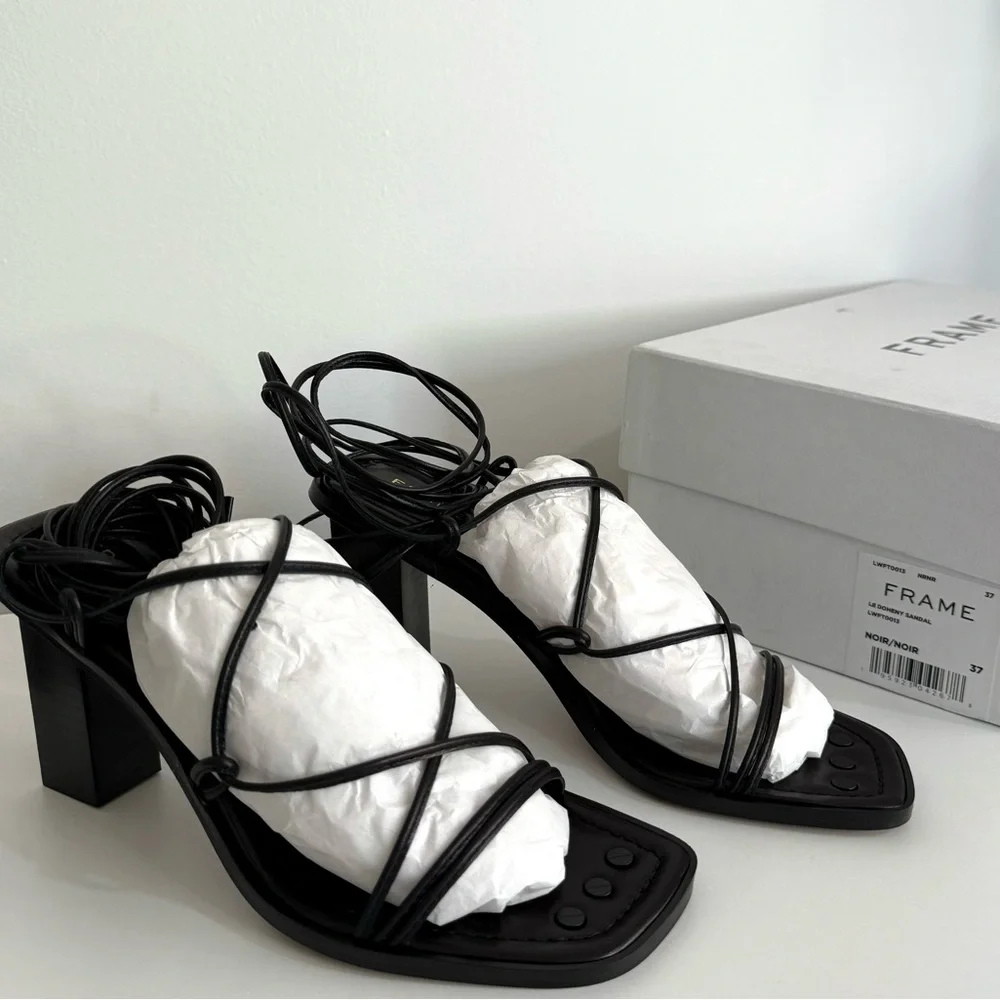Frame NIB Black Le Doheny Ankle Wrap Leather Heeled Sandals